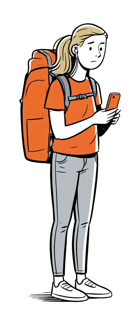A blonde woman with a backpack checking directions on her phone, one earbud in, staying alert.
