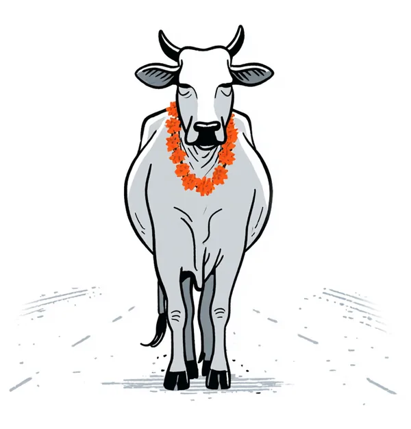 A cow sitting calmly in the middle of a road, a marigold garland round her neck, traffic curving around her.