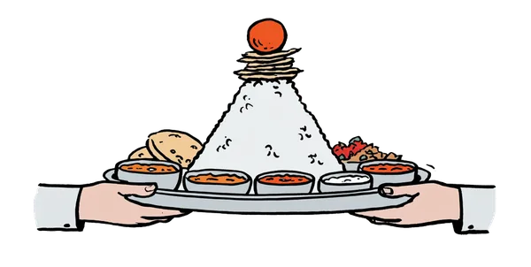 A pair of hands pushing forward an overloaded thali platter, insisting you eat more.